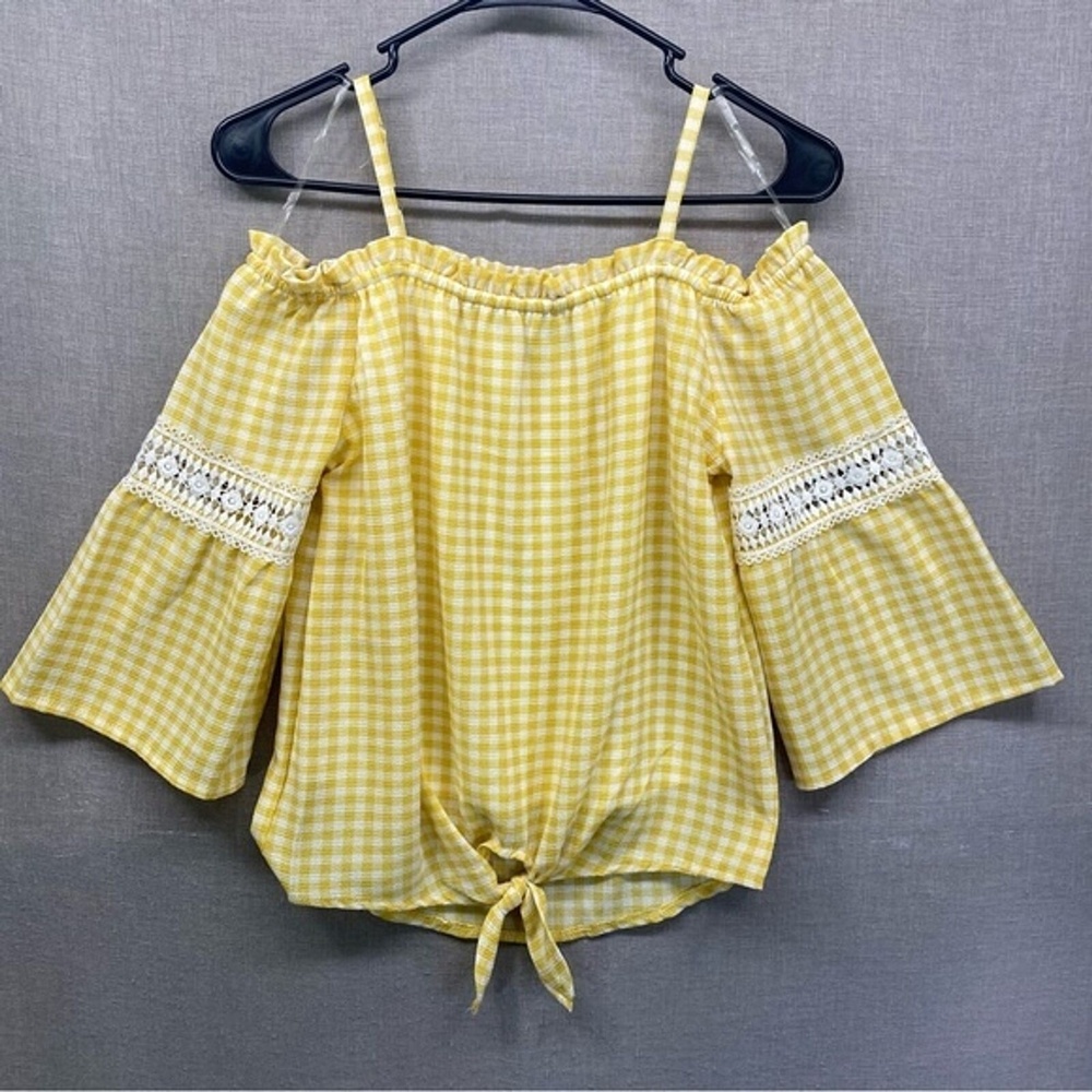 Amy Byer Girls Checker Plaid Boho Top Yellow & White Size | L